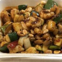 Kung Pao Shrimp · Spicy. Shrimp and vegetables with spicy hot peppers topped with peanuts