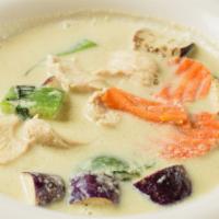 Green Curry · Spicy.  Bell peppers,  onions, bamboo,  carrots, basil,  eggplants, long beans.