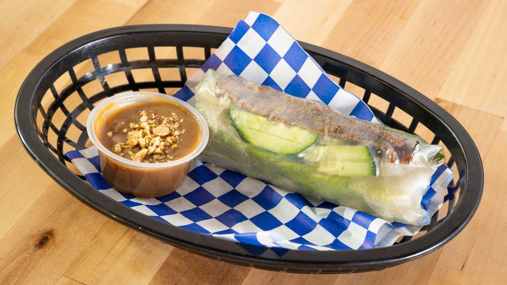 Fresh Spring Rolls (1) · Protein choice, rice noodle, green leaf lettuce, mint, bean sprouts,  and peanut sauce.