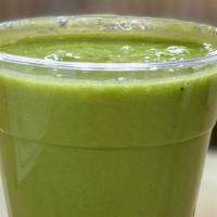 Super Green Smoothie · Blended spinach, banana, peaches, mango and agave nectar