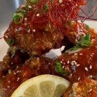 Hellz Chicken · HOUSE BLENDED SPICES MARINATED CHICKEN THIGH FRIED, TOPPED WITH SPICY “HELLZ SAUCE”,SCALLION...