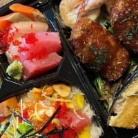 All About Seafood Bento · SEASONAL SASHIMI, GRILLED FISH, UNI CREAMY CROQUETTE, EBI-MAYO AND BARA-CHIRASHI DONBURI.