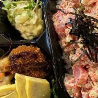 Poke-Ben-Go · TRUFFLE AHI TUNA POKE  ON THE SUSHI RICE COMES WITH GRILLED FISH, CHIKEN KARA-AGE AND SPICY-...