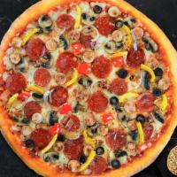 So Soprano Gluten-Free Pizza · Pepperoni, Italian sausage, black olives, red onions, mushrooms, and bell peppers