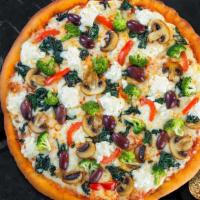 Veggie Voyage Gluten-Free Pizza · Bell peppers, mushrooms, kalamata olives, spinach, broccoli, and feta cheese baked on a hand...