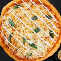 Chunky Chicken Alfredo Gluten-Free Pizza · Creamy Alfredo sauce, grilled chicken, bacon, red onions, spinach, and fresh mozzarella cheese