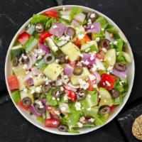 Key To The Greek Salad · (Vegetarian) Romaine lettuce, cucumbers, tomatoes, red onions, olives, and feta cheese tosse...