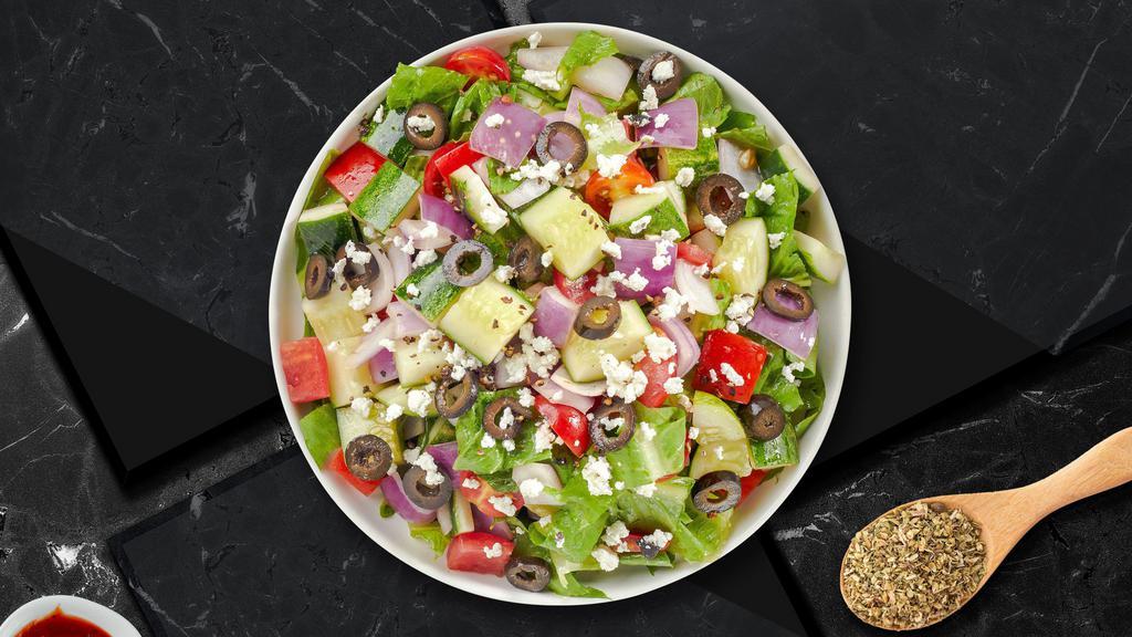 Key To The Greek Salad · (Vegetarian) Romaine lettuce, cucumbers, tomatoes, red onions, olives, and feta cheese tossed with balsamic vinaigrette dressing.