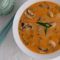 Tom Kah Veg Small · Coconut soup with vegetable, lemongrass, and mushroom.