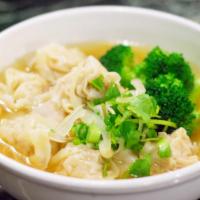 Wonton Noodle Soup · Handmade grounded chicken & shrimp dumping, egg noodle, broccoli, chicken broth, and garnish...