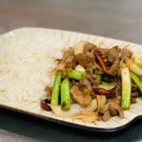 Mongolian  Beef · Steamed rice, green onion, white onion & dry pepper