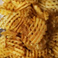 #Fries · Waffle fries, coated, hot, crispy and golden.