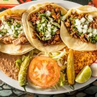 Tacos Plate · 3 pieces. Served with rice and beans.
