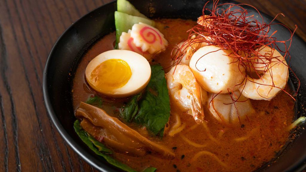 Spicy Scallop And Shrimp Miso Ramen · Big scallops, shrimps, egg, fish cake, bok choy, togarashi.