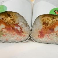 Firecracker Sushi Burrito · Deep fried - sushi rice, grab, chopped crab, avocado, spicy tuna, cream cheese, sesame seeds...