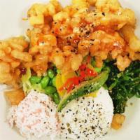 Shrimp Poke Bowl · Tempura shrimp, sushi rice, crab salad, cucumber avocado, sweet pickled radish, seaweed sala...