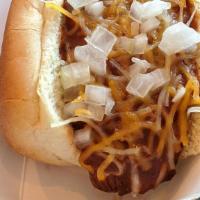 Chili Dog · Hot dog chili, shredded Cheddar, and freshly diced white onion. Proudly serving 100% beef bo...