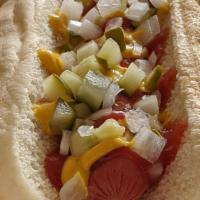 Reggie  Dog · Ketchup, yellow mustard, freshly chopped pickle relish, and diced white onions. Proudly serv...