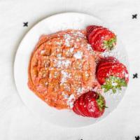 Strawberry Cake Waffles · Homemade strawberry cake waffle w/ fresh strawberries 

**Contains cashew & peanut ingredien...