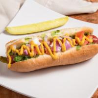 Combo Chicago Dog Burger · A mid-west classic. 1/4 pound all beef boar's head hot dog topped with green relish, diced t...