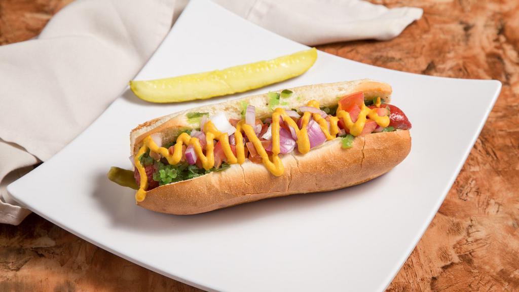 Combo Chicago Dog Burger · A mid-west classic. 1/4 pound all beef boar's head hot dog topped with green relish, diced tomato and red onion, sports peppers, yellow mustard, celery salt, and a pickle spear.