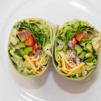 Garden Fresh Wrap · Swiss and Cheddar cheeses, hummus, cucumber, red and green bell pepper, lettuce, tomato, red...