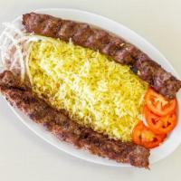 Kafta Kebab · Two (2) skewers of seasoned ground beef, char-broiled to perfection and served with rice, fr...