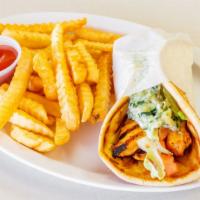 Chicken Kebab Sandwich Combo · Char-broiled marinated chicken served on pita bread with lettuce, tomatoes and tzatziki sauce.