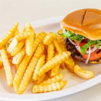 Hamburger · Juicy beef patty served on a fresh bun with lettuce, tomatoes, cheese and topped with mayo a...