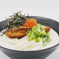 Salmon Cream Udon · Pan roasted crispy Atlantic salmon on top of our house dashi-cream sauce (creamy chowder sou...