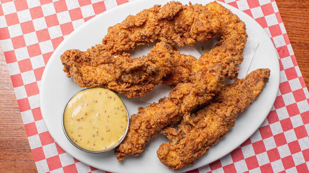 Fried Chicken Tenders · Buttermilk-battered, crispy-fried chicken tenders. Comes w/ housemade Creole honey mustard dipping sauce