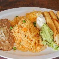 Chicken Taquitos · Corn tortillas, shredded chicken, sour cream, guacamole, cheese, lettuce. Combo: includes 3 ...
