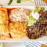 Tampiqueña · 1 Steak, 2  Enchiladas (red & green sauce), rice, beans, salad, guacamole, pico de gallo, & ...