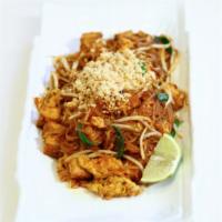 Phad Thai · Vegetarian. Gluten-free. Stir-fried rice noodles with eggs, tofu, and bean sprout in red sau...