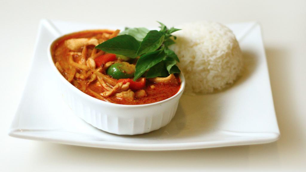 Red Curry · Gluten-free. Vegetarian. Red curry with bamboo shoots, red and green bell pepper and basil.