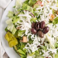 Greek Salad · Fresh romaine, kalamata olives, feta cheese, lettuce, tomatoes, cucumber, sweet red onion, t...