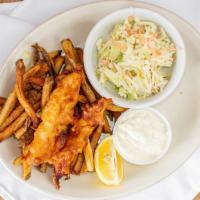 Fish & Chips (2) · Beer battered cod deep fried and golden brown, fries, coleslaw, and tartar sauce.