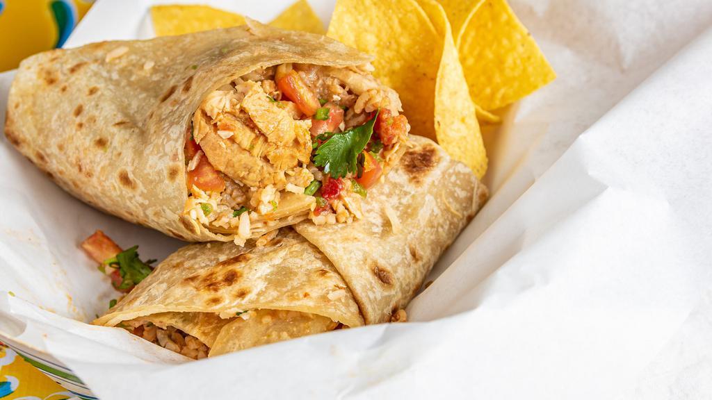 Pollo Burrito · Chicken breast with pico de gallo, rolled with Guacamole (guacamole, contains dairy product) OR Beans.
