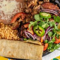  Carnitas Plate · Michoacán style pork with garnish. Side of rice and beans, served with a fourteen-inch torti...