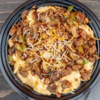 Philly Mac & Cheese · Mac and cheese with chopped steak and sautéed onions and bell peppers.