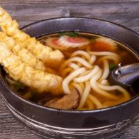 Udon Soup With Shrimp · Udon noodles served with 3 shrimp tempura with original dashi broth, topped with fishcake an...