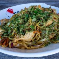 Yakisoba · Stir-fried egg noodles with chicken and vegetables in a sweet delightful yakisoba sauce.