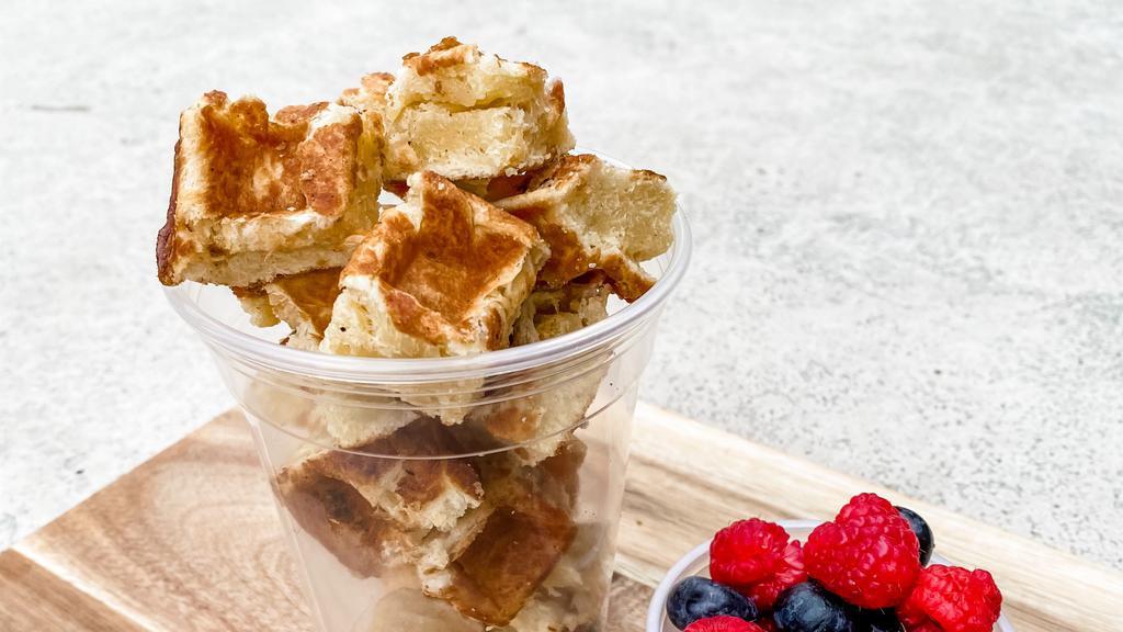 Waffle Bites · Includes a full sized waffle and one topping of your choice.