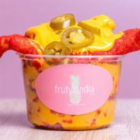 Queso Cup · Your choice of 2 chips (Tostitos, Hot Cheetos, Cheeto Puffs, Doritos, Takis) smothered in na...