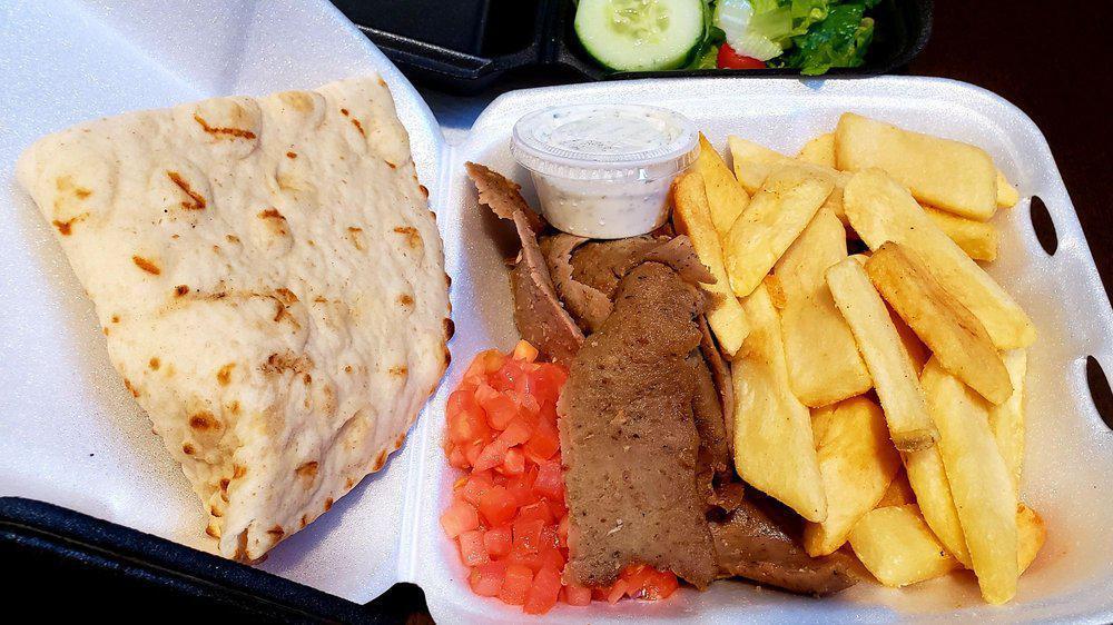 Gyro Combo · Seasoned sliced beef and lamb, served with tomato, onion, and tzatziki on the side.