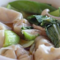 Wonton Soup · Wontons(7pcs) , Bok Choy, Napa Cabbage, Shimeji Mushroom, Snow peas, sliced Nori Seaweeds.