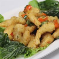 Salt & Pepper Shrimp · Battered fried shrimp, jalapeno, bell pepper, basil, garnish with lettuce.