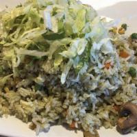 Village Fried Rice · Fried Rice, Toon leaf Spice, Green Bean, Carrot, Corn,   Diced Soy ham, Mushroom, Lettuce