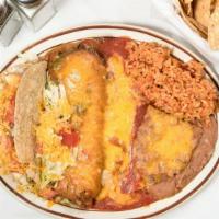 Combination Platter Of 3 Entrées · Most popular. Three entrées of your choice: enchiladas with white corn tortillas served flat...