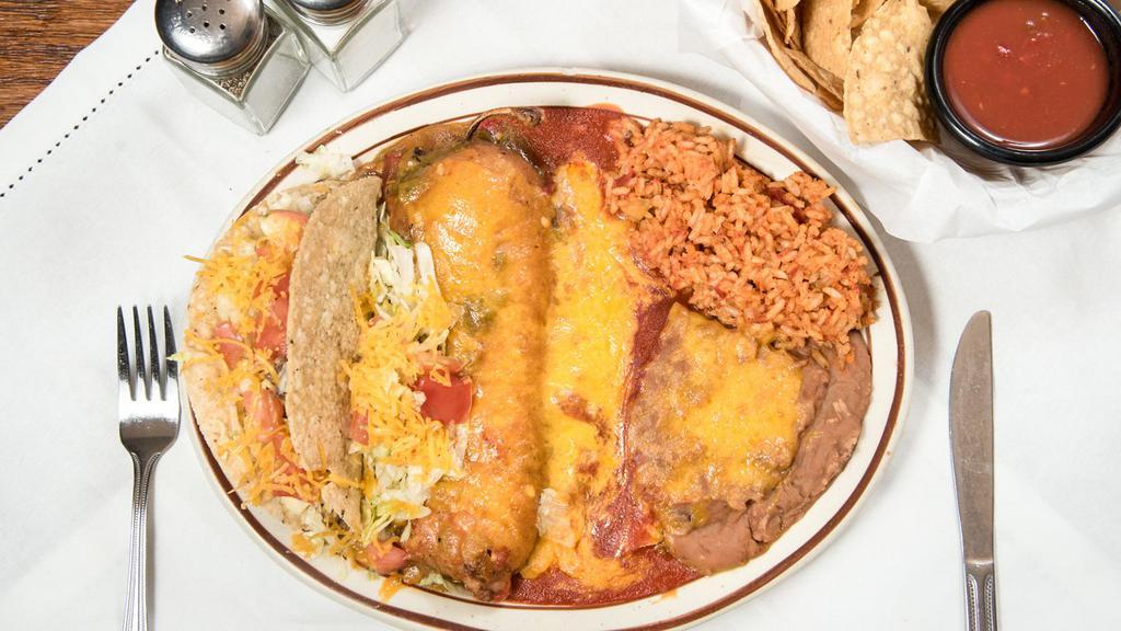 Combination Platter Of 3 Entrées · Most popular. Three entrées of your choice: enchiladas with white corn tortillas served flat or rolled, tamales (pork or chicken), tacos (beef or chicken), Chile rellenos or guacamole tostada.